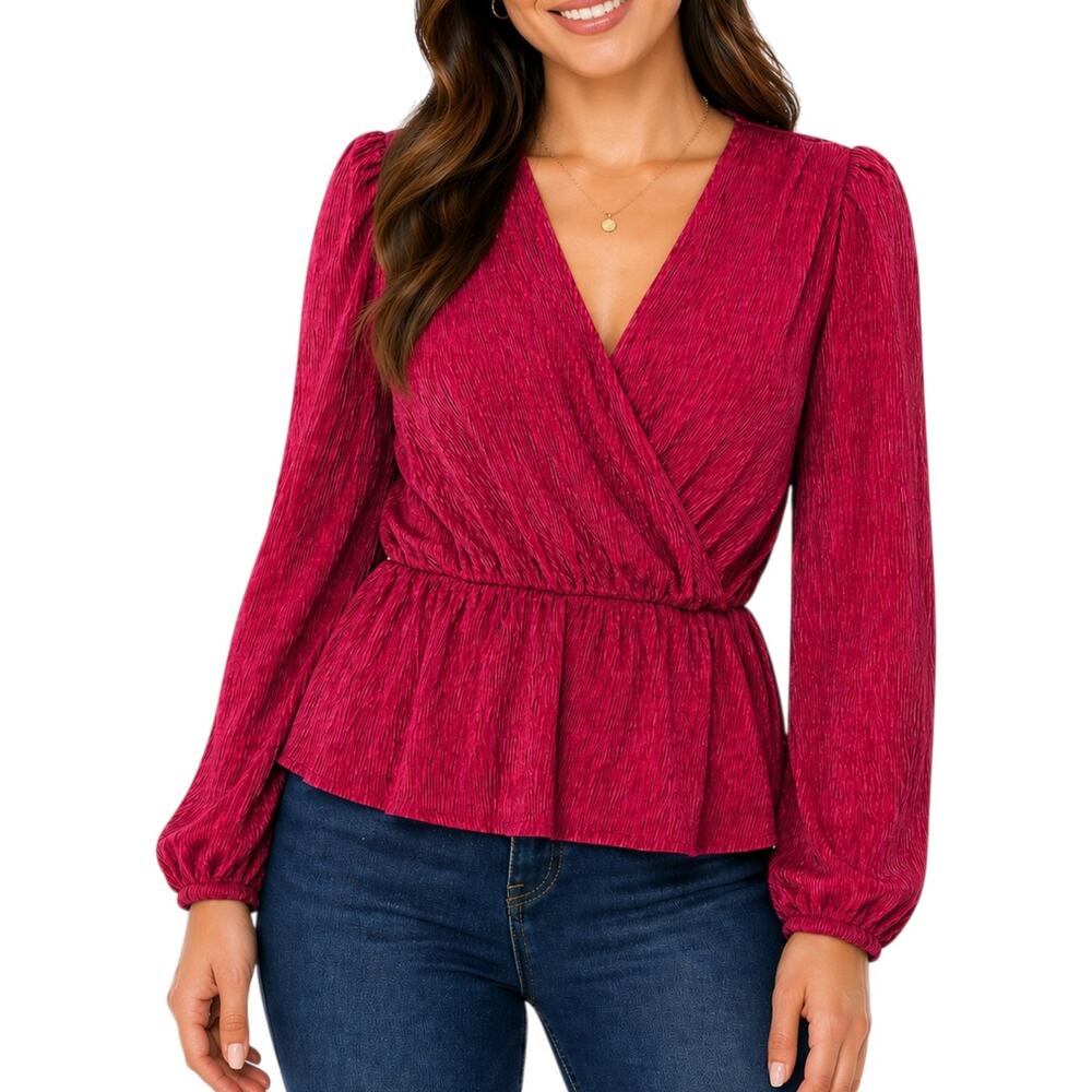 Red Crinkle Plissé Peplum Blouse Surplice Bishop Sleeve Party Large Coquette